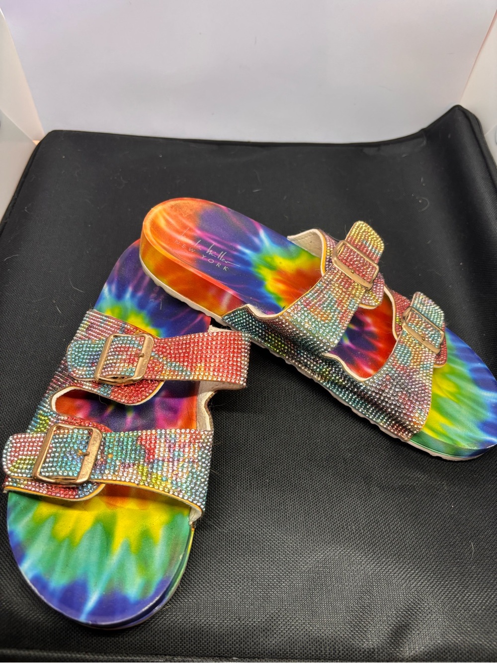 Nicole Miller Rainbow Tie-Dye Crystal Buckle Slides